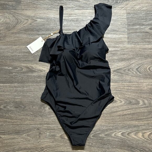 NWT Quince Italian Maternity One Shoulder Ruffle One Piece Swimsuit Medium Black - Picture 1 of 9